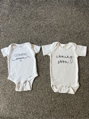 Gerber and Laughing Giraffe White "Coming Soon" Baby Bodysuits 2 Onesies 0-3 M